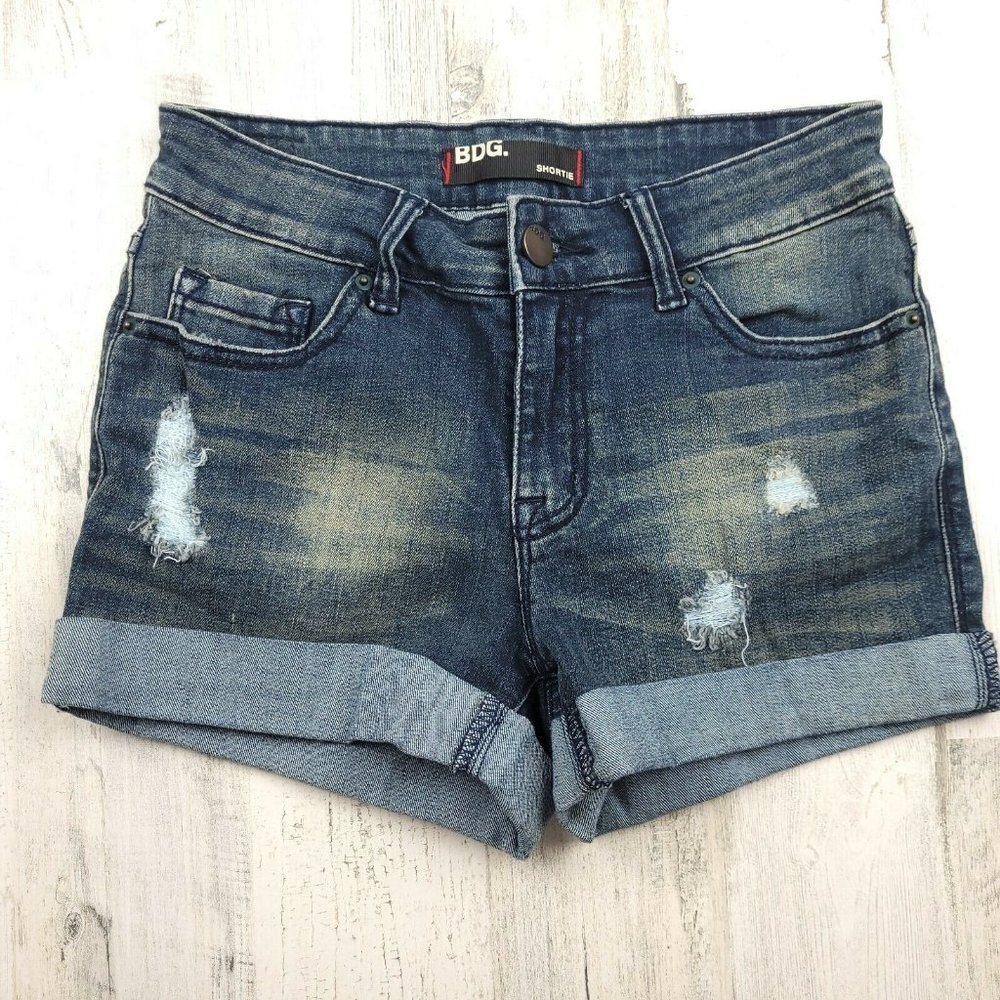 BDG Shortie Distressed Jean Shorts Women's Blue Roll-up Denim Size 27 EUC